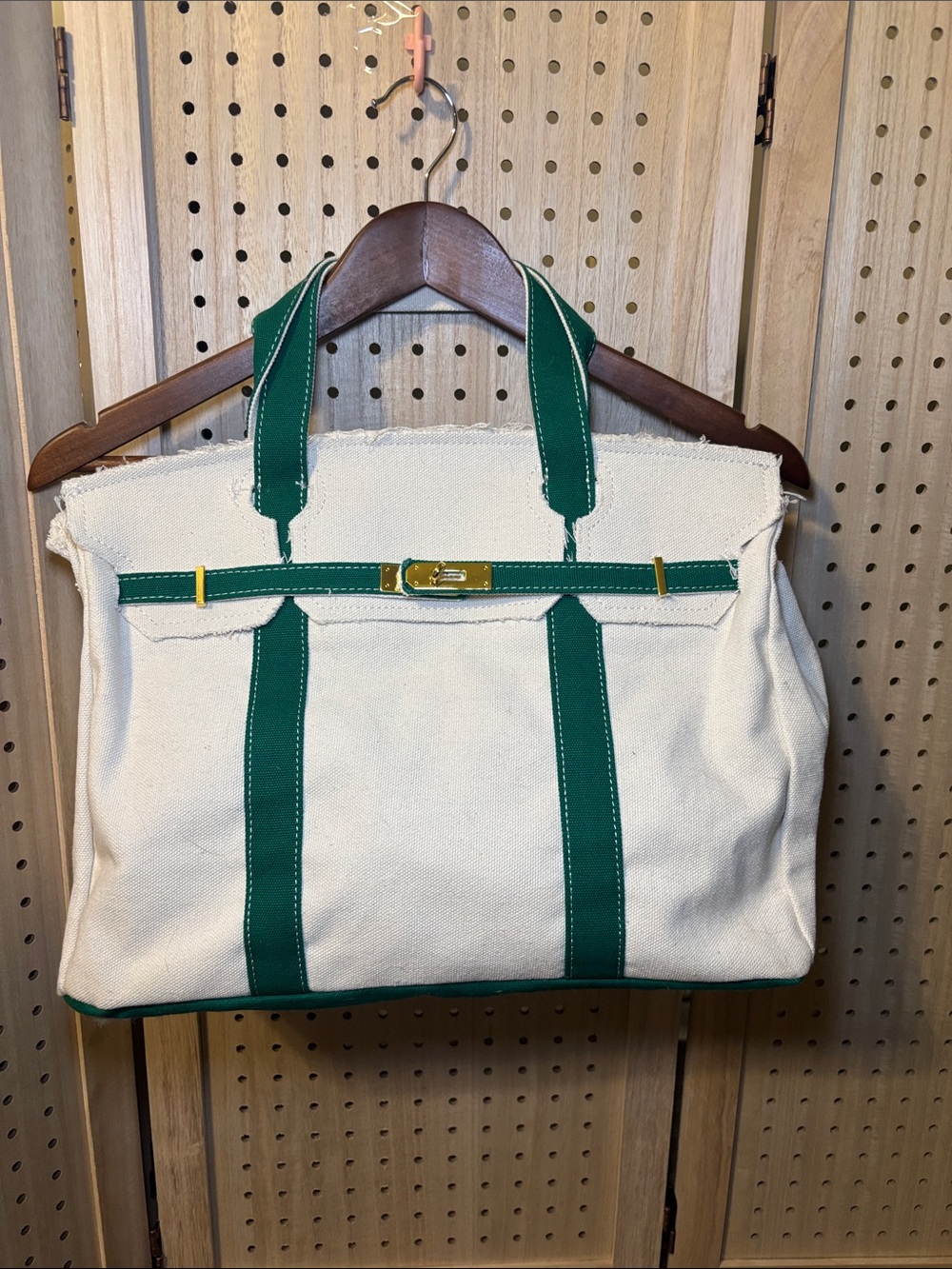“Boatkin” absolutely precious Canvas Tote with Green Trim Birkin boat tote